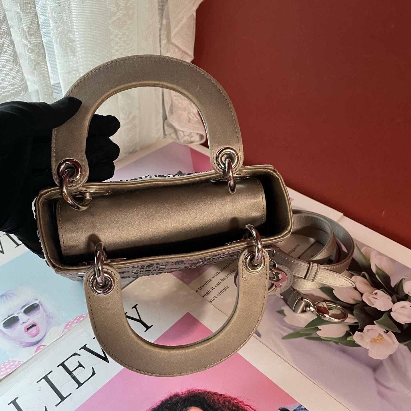 Dior Mini Lady Dior Silver Satin Strass Crystal