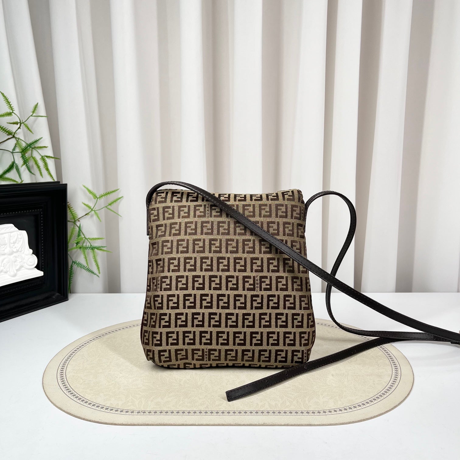 Fendi Small Zucchino FF Monogram Canvas Crossbody Shoulder Bag Beige & Brown