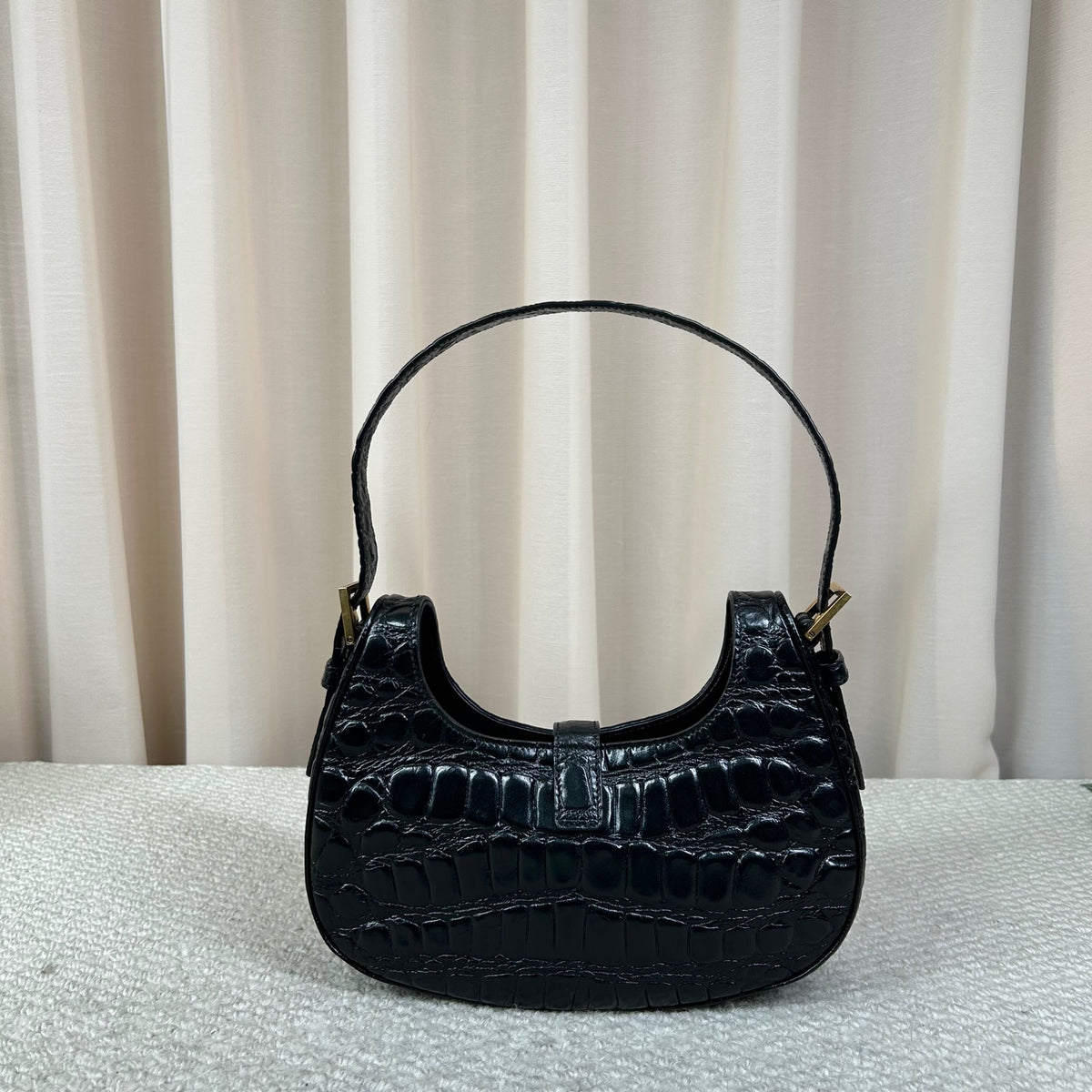 YSL Black Croc‑Embossed Hobo Under‑Arm Shoulder Bag 24cm
