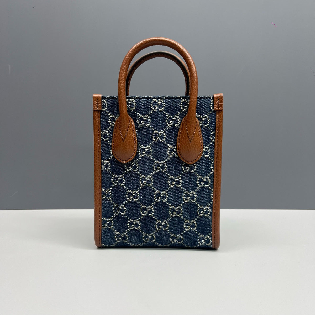 Gucci Mini Tote Bag GG Denim Brown Leather Trim