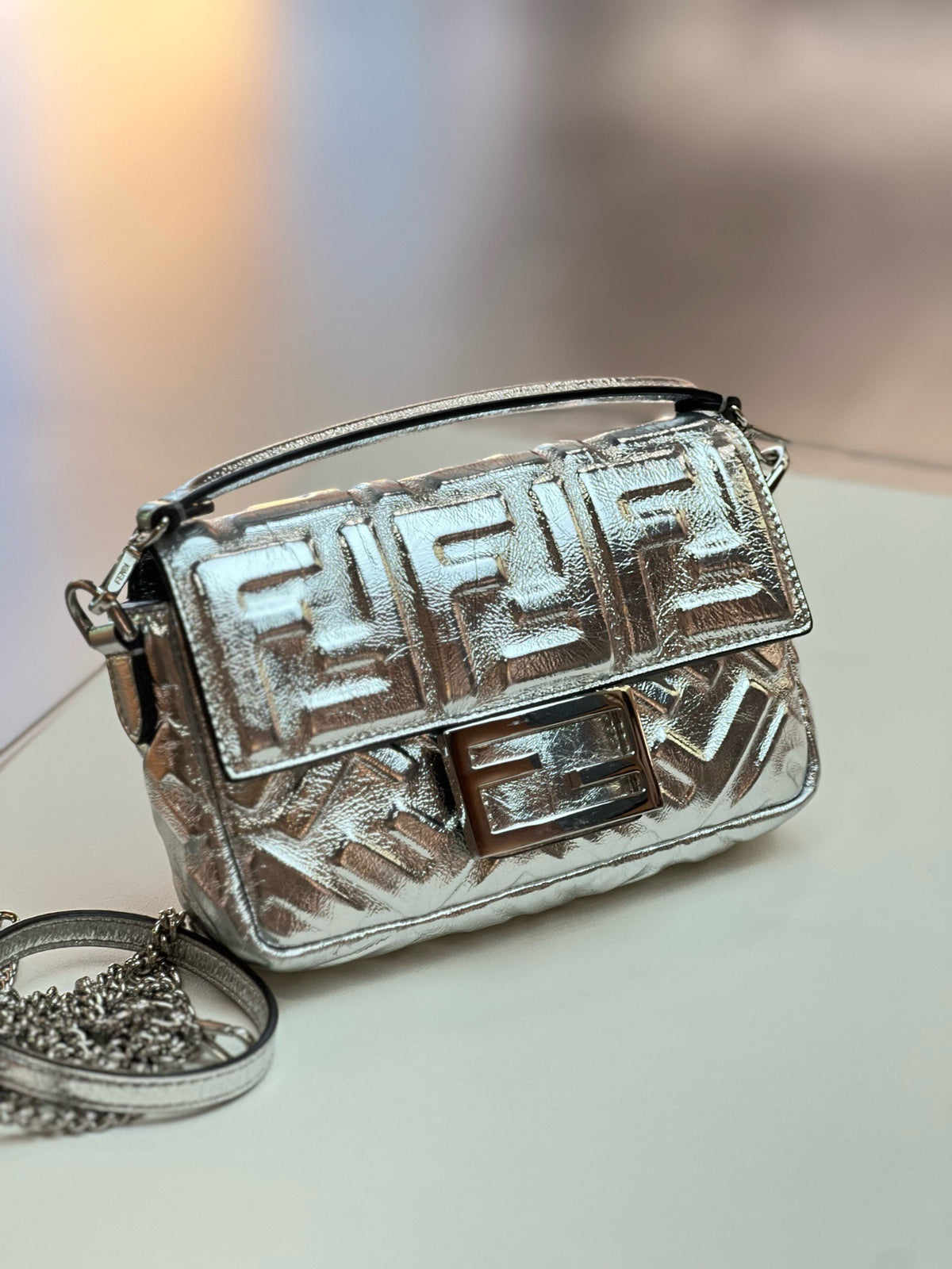 Fendi Small Baguette Metallic Silver Embossed FF Leather Crossbody Bag