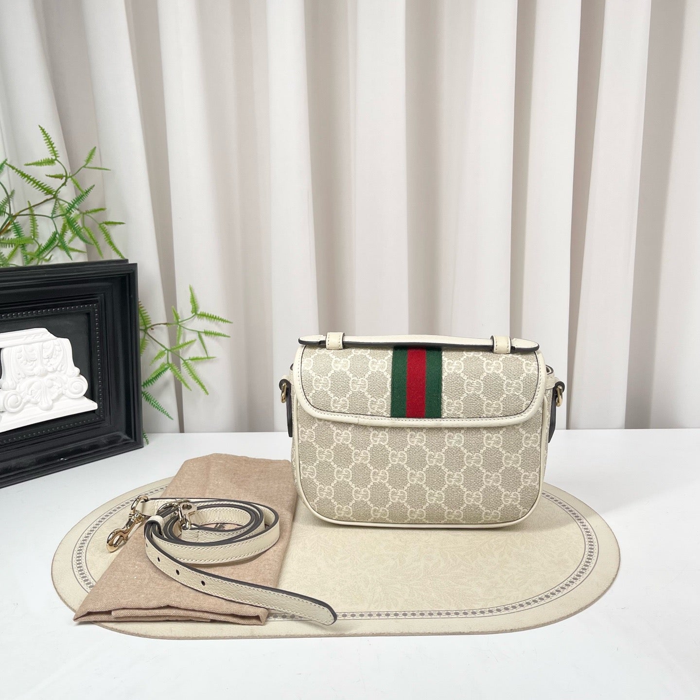 GUCCI Ophidia Messenger Bag, Beige Monogram with Red-Green