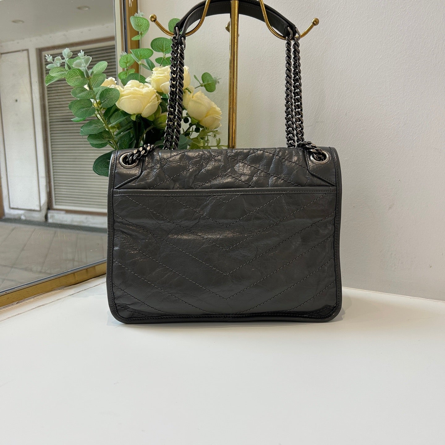YSL Niki Medium Grey Crinkled Oil‑wax Leather