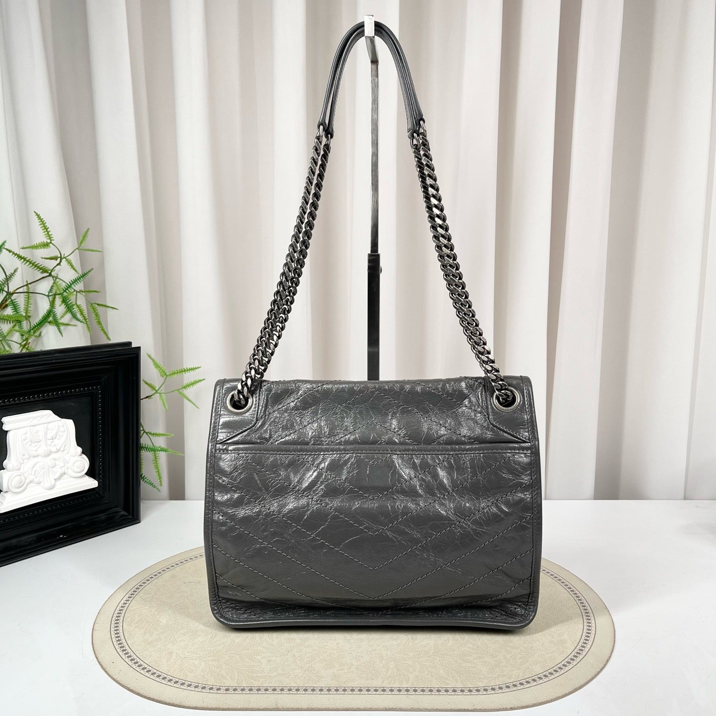 Saint Laurent Niki Grey Vintage Crinkled Calfskin Chain Bag