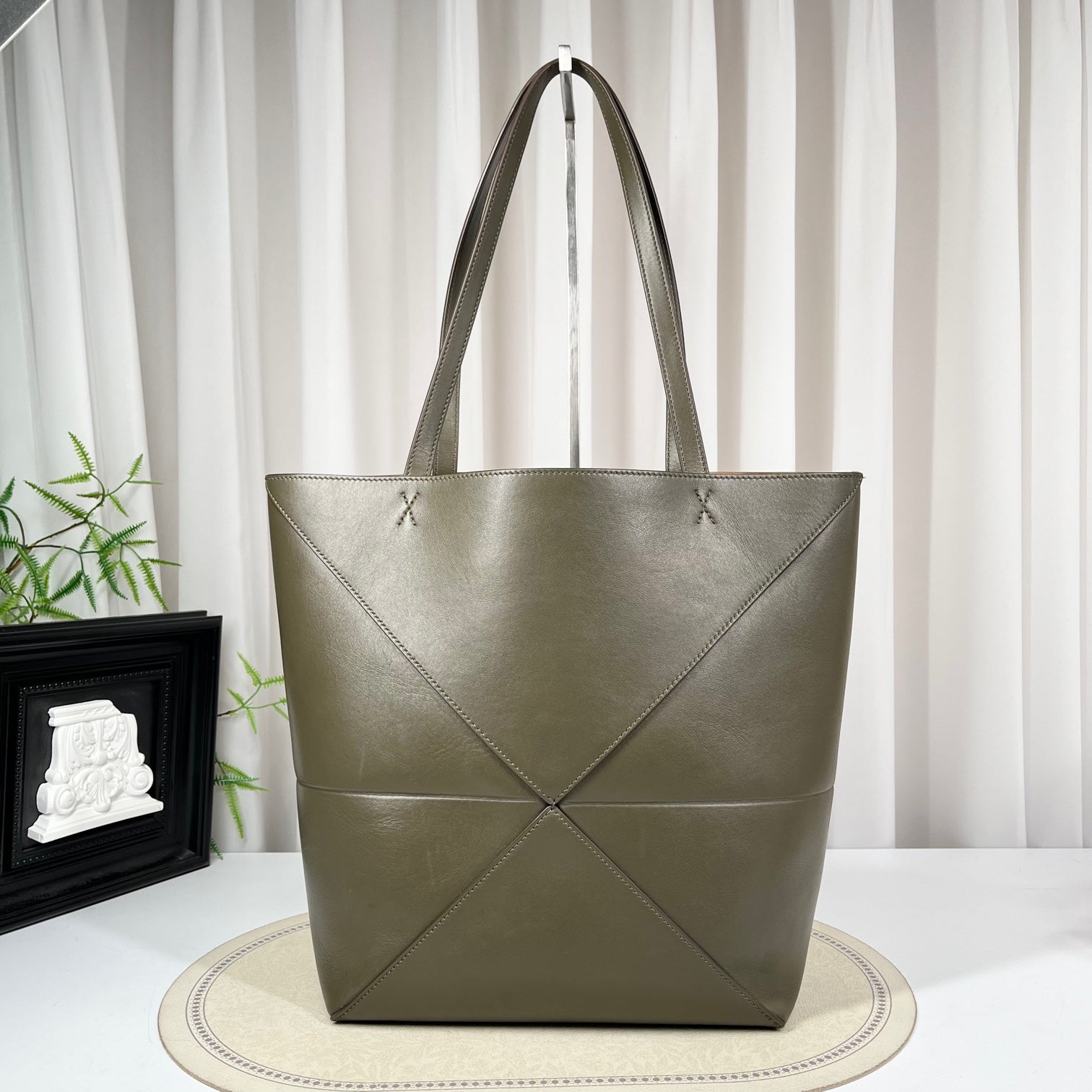 LOEWE Puzzle Fold Medium Olive Green Leather Tote Bag