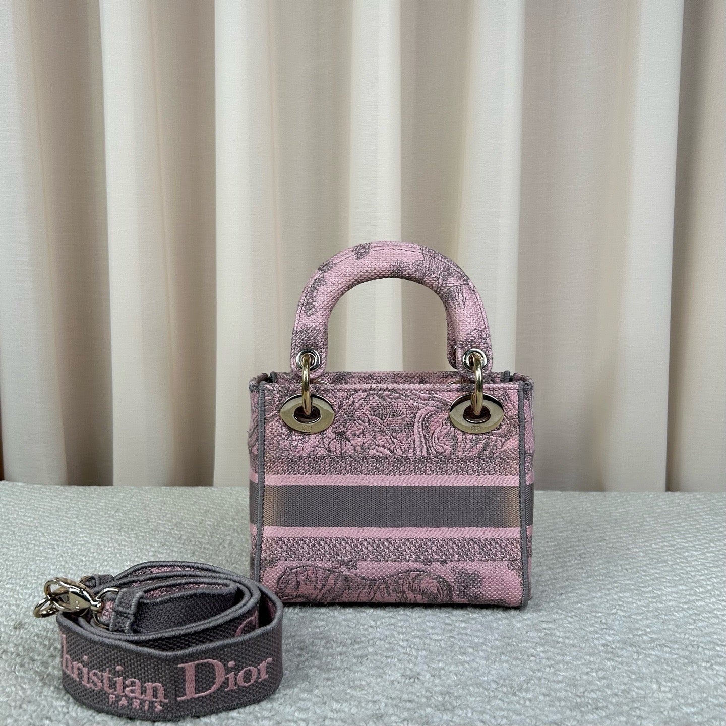 Dior Lady D-Lite Grey Pink Zoo Embroidery Bag 17cm
