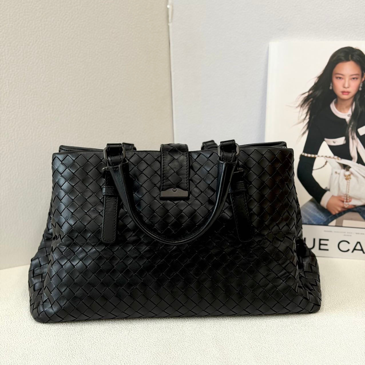 Bottega Veneta Roma Medium Black Intrecciato Leather Tote