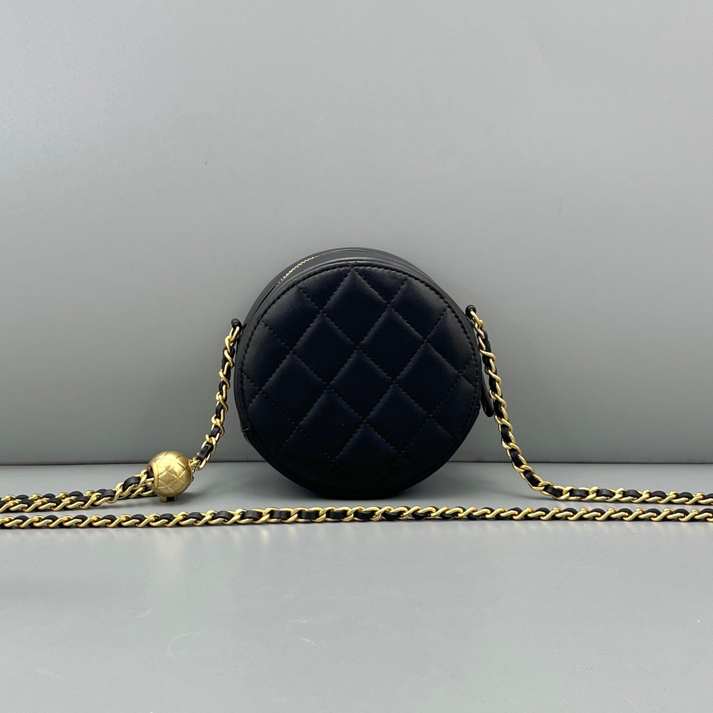 Chanel Black Quilted Round Crossbody Gold Ball Chain