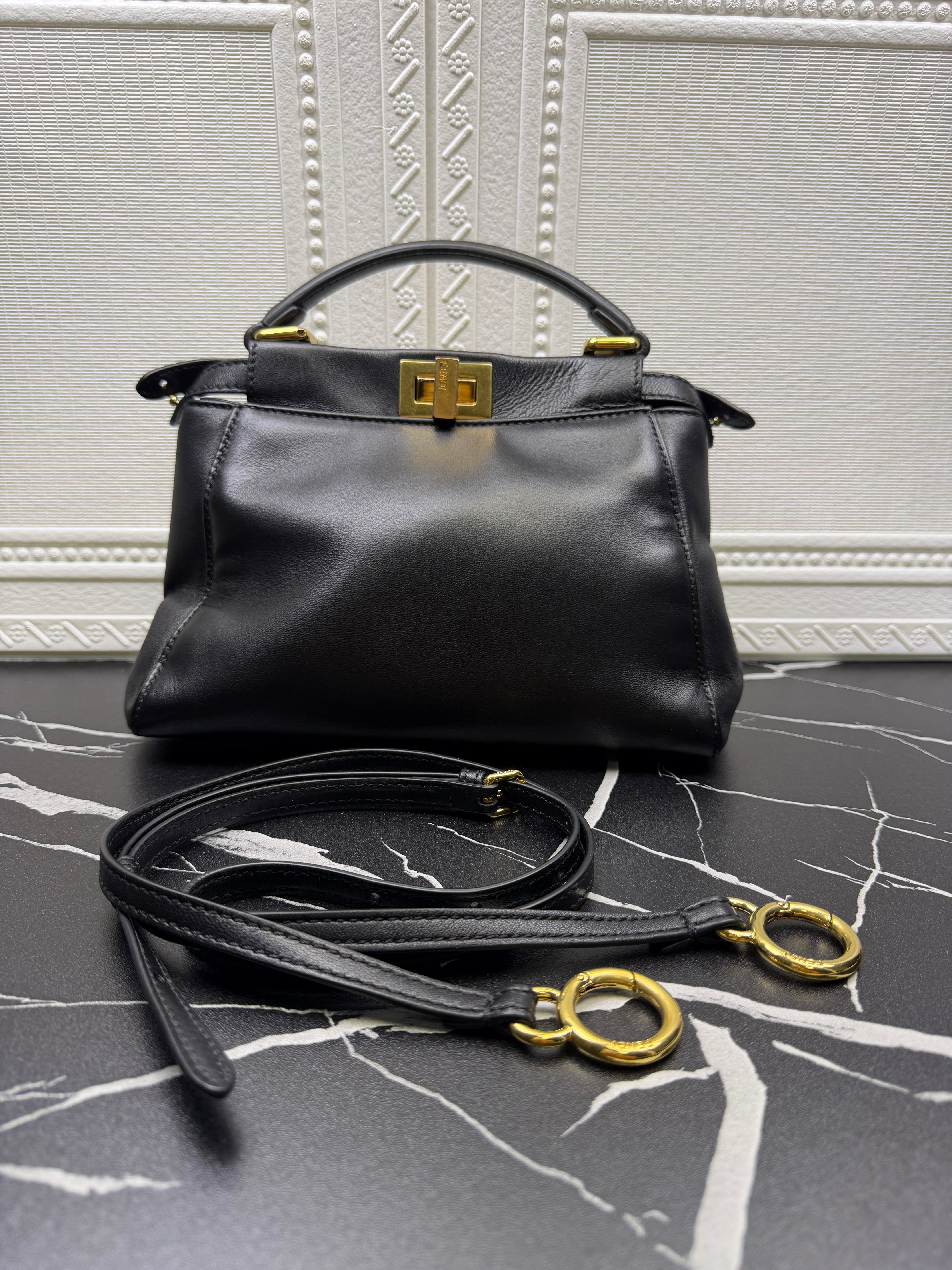 Fendi Mini Peekaboo Handbag in Smooth Black Lambskin Leather