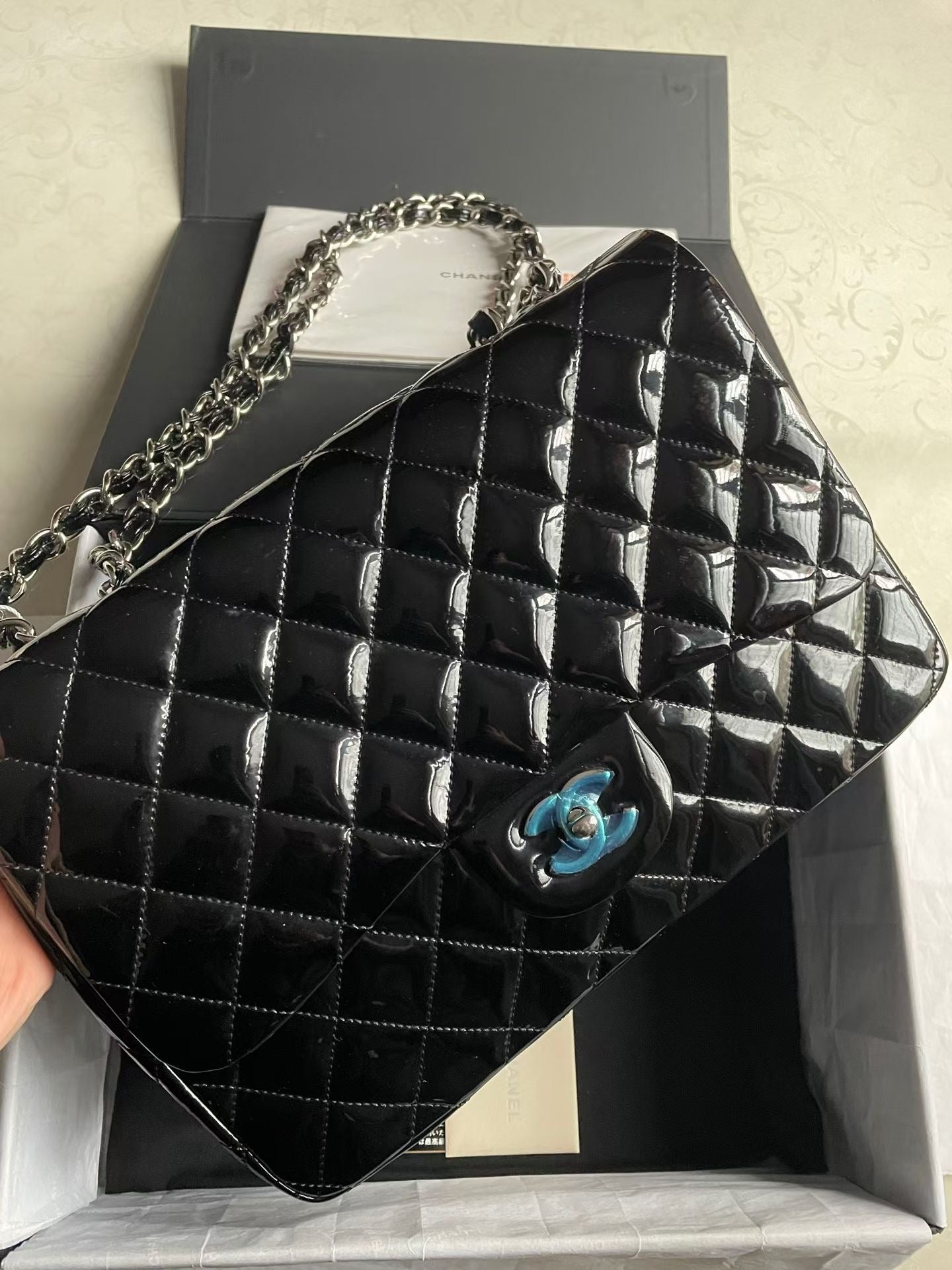Chanel Classic Flap Jumbo Single Flap Black Patent Leather Silver Hardware