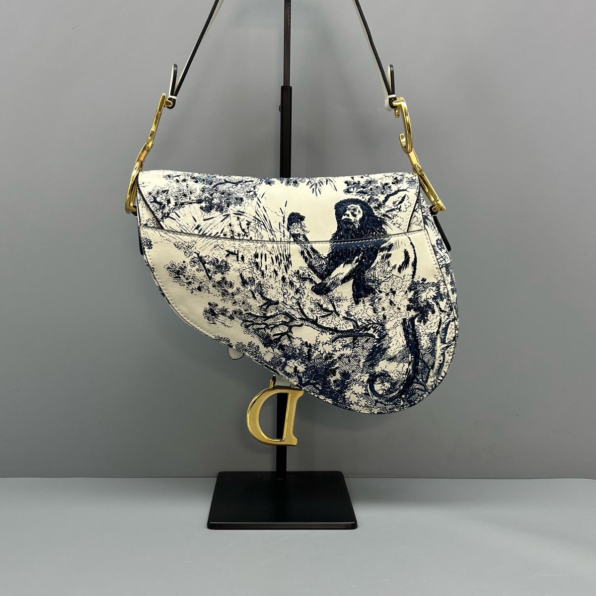 Dior White & Blue Toile de Jouy Tiger Print Saddle Gold Hardware