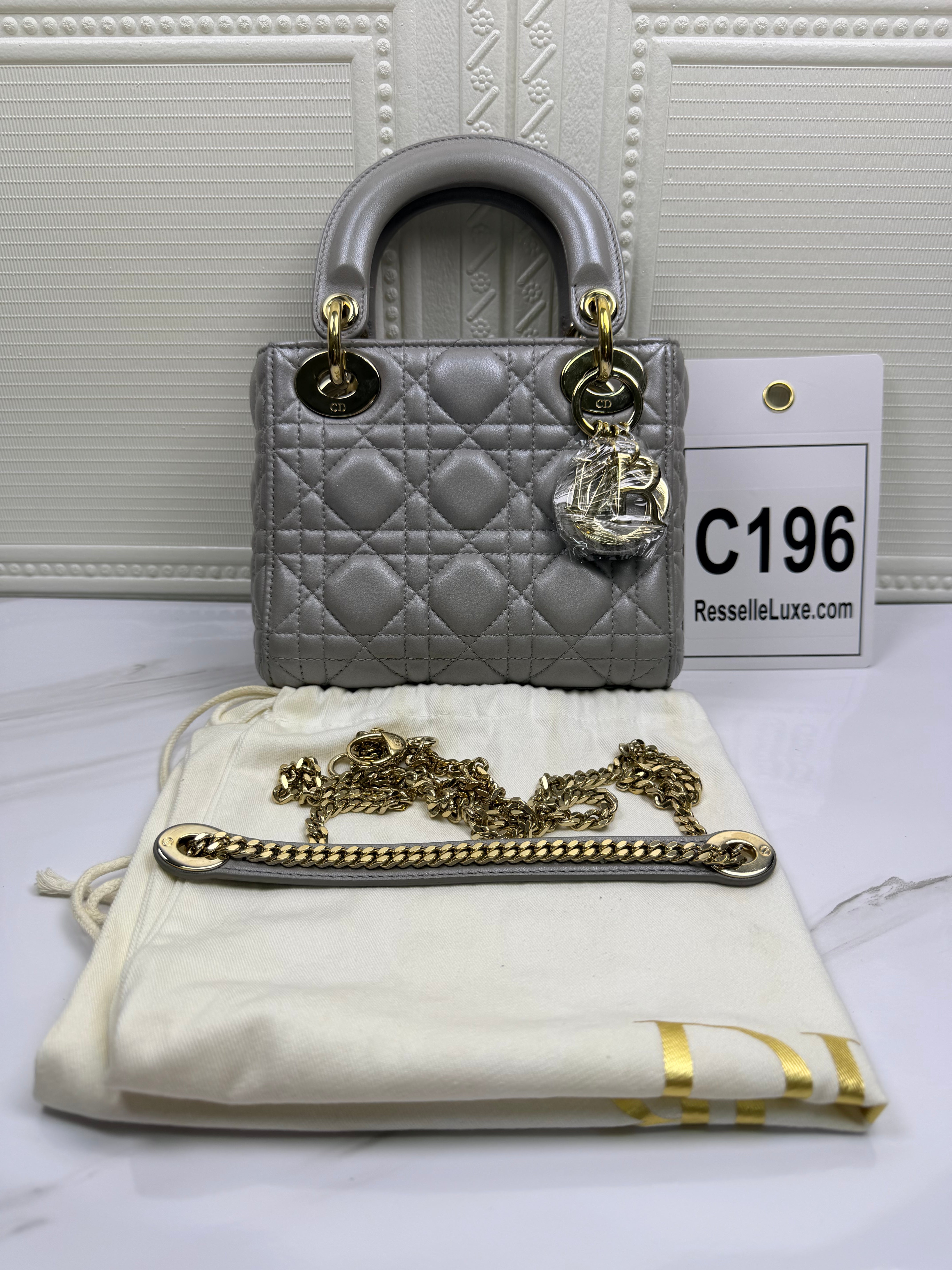 Dior Mini Lady Dior Grey Lambskin Cannage Handbag