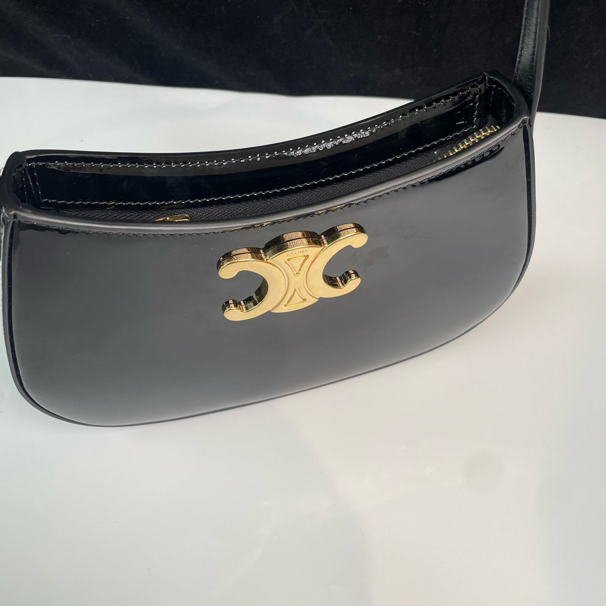 Celine Tilly Shoulder Bag, Black Patent Calfskin