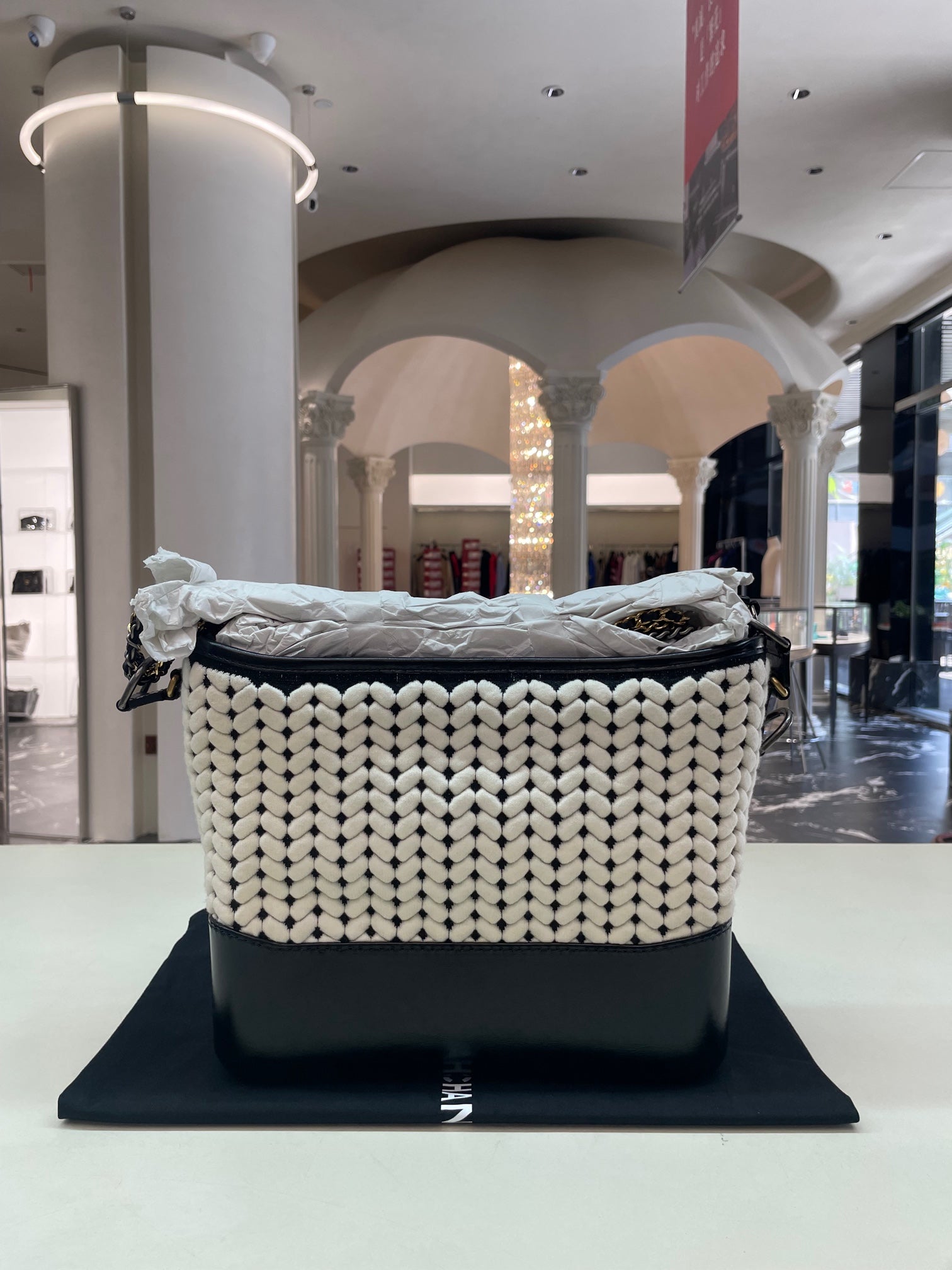Chanel Gabrielle Large Black & White Wool Knit Calfskin Hobo Bag