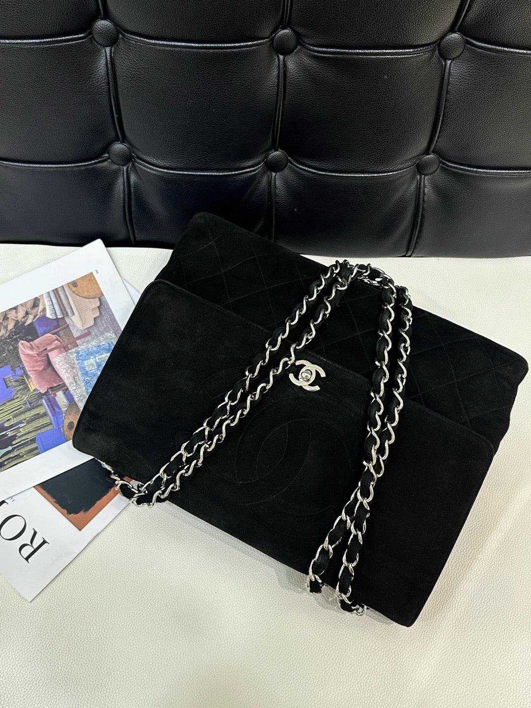 Vintage Chanel Black Suede Jumbo CC Beige Flap