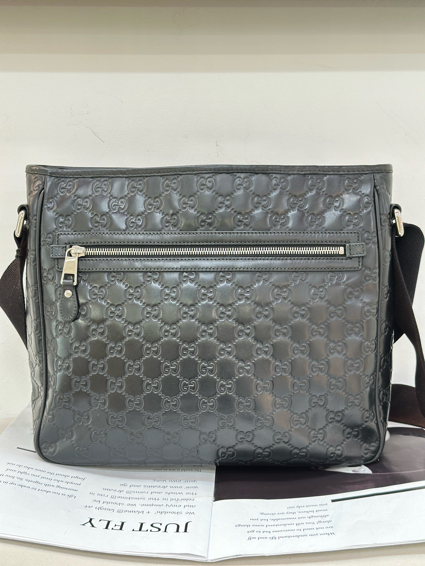 Gucci GG Embossed Leather Messenger Crossbody Bag