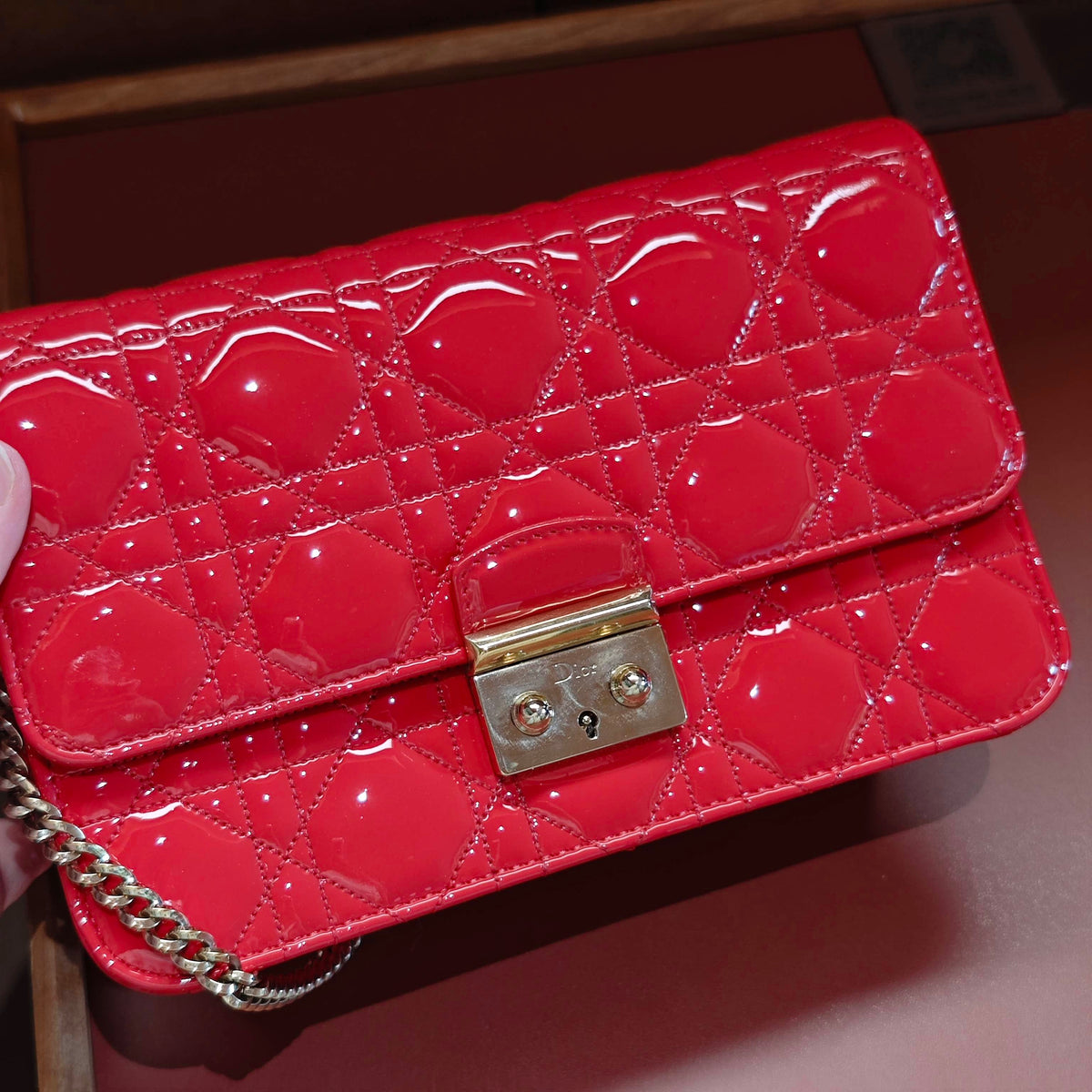 Dior Lady Dior Chain Clutch, Red Patent Cannage Leather