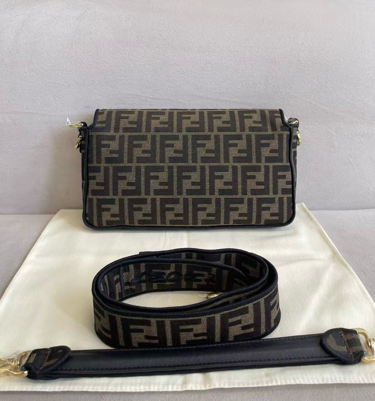 Fendi Baguette FF Zucca Canvas Gold Hardware Shoulder Crossbody Bag