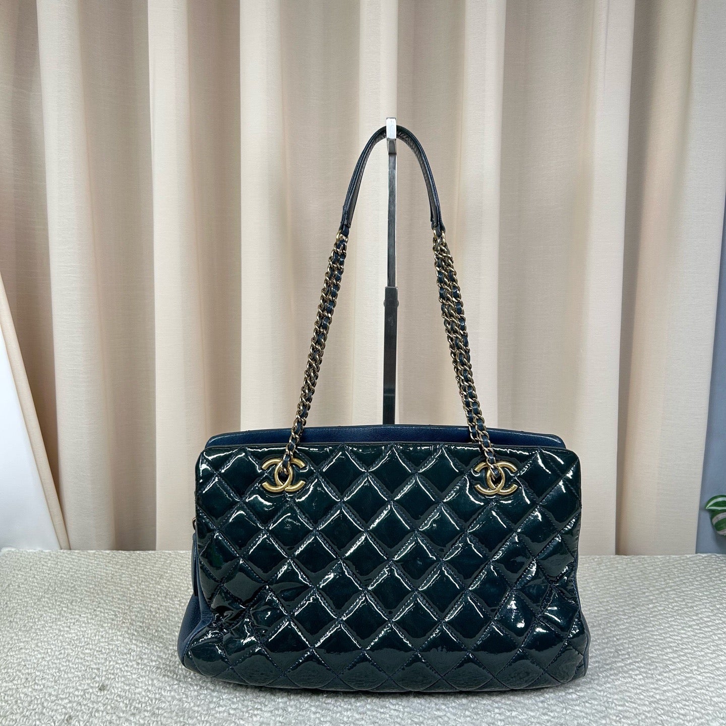 Chanel Quilted Tote Large Bag Dark Green Patent