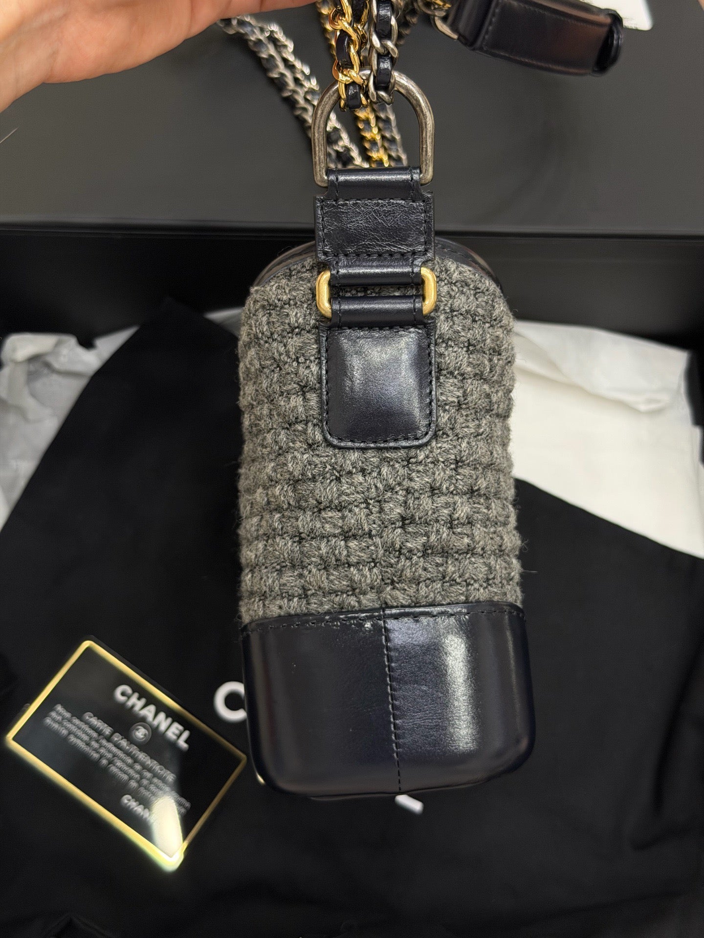 Chanel Gabrielle Small Grey Tweed Navy Leather Crossbody Bag
