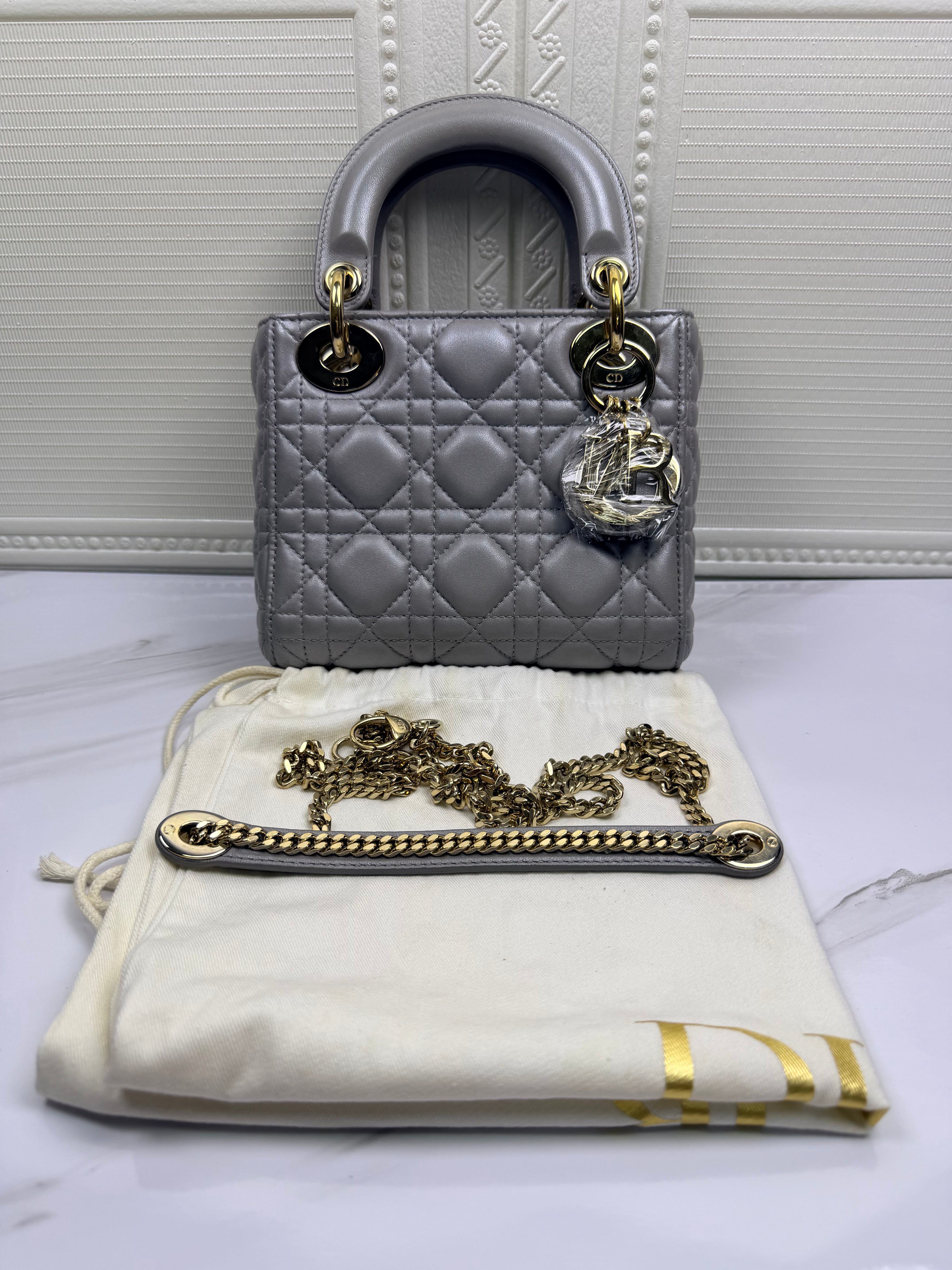 Dior Mini Lady Dior Grey Lambskin Cannage Handbag