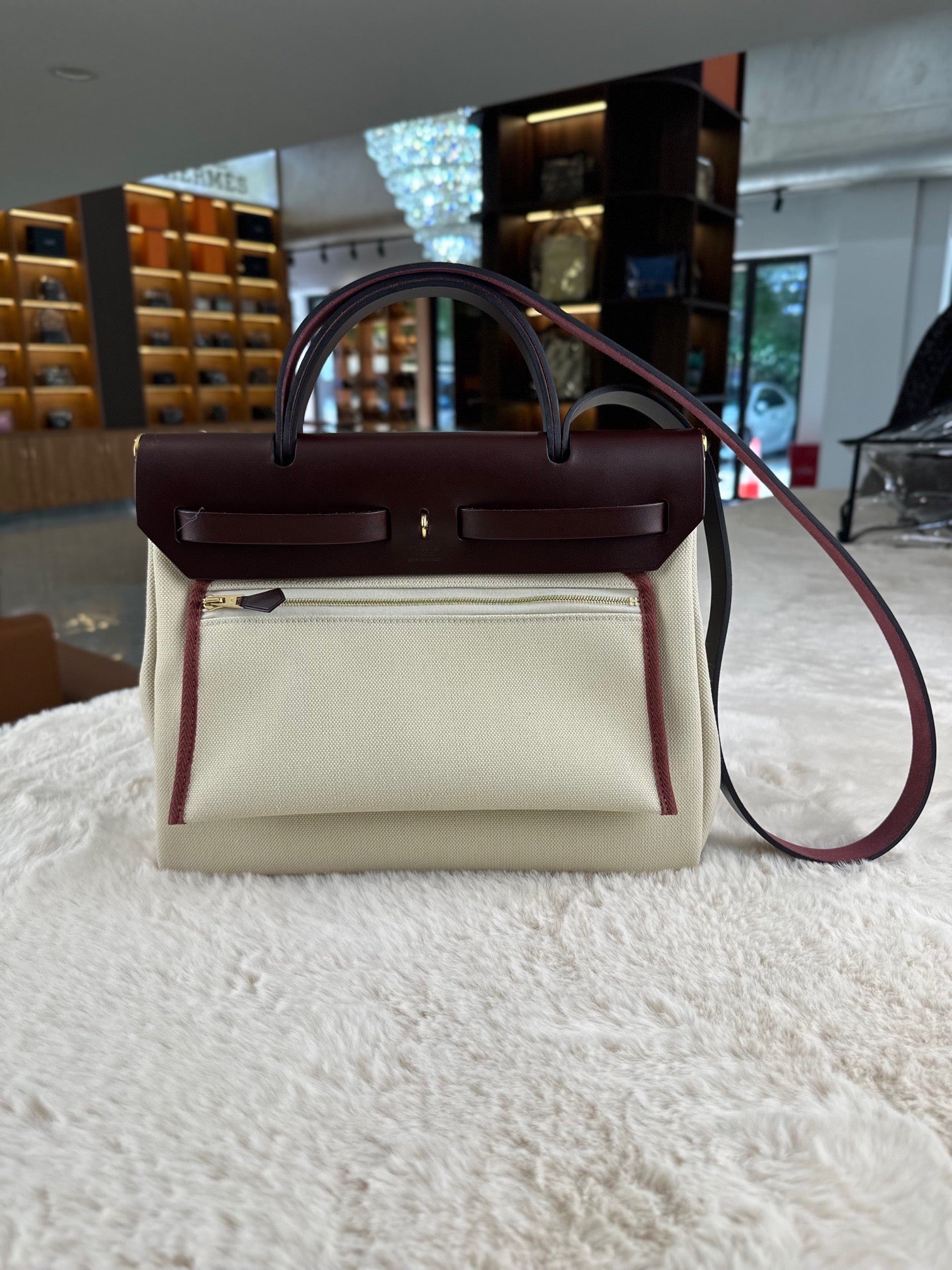 Hermes Herbag Zip 31 Retourne Beton Canvas with Rouge