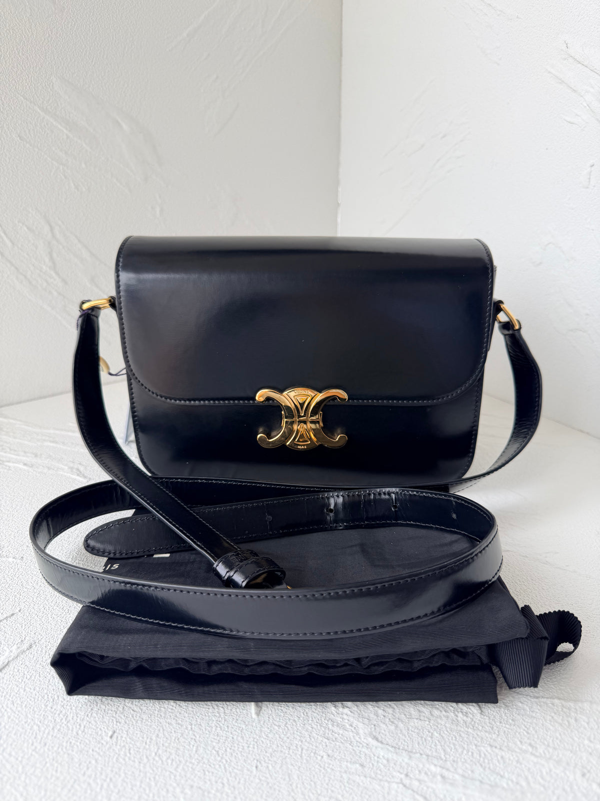 Celine Triomphe Medium, Black Shiny Calfskin