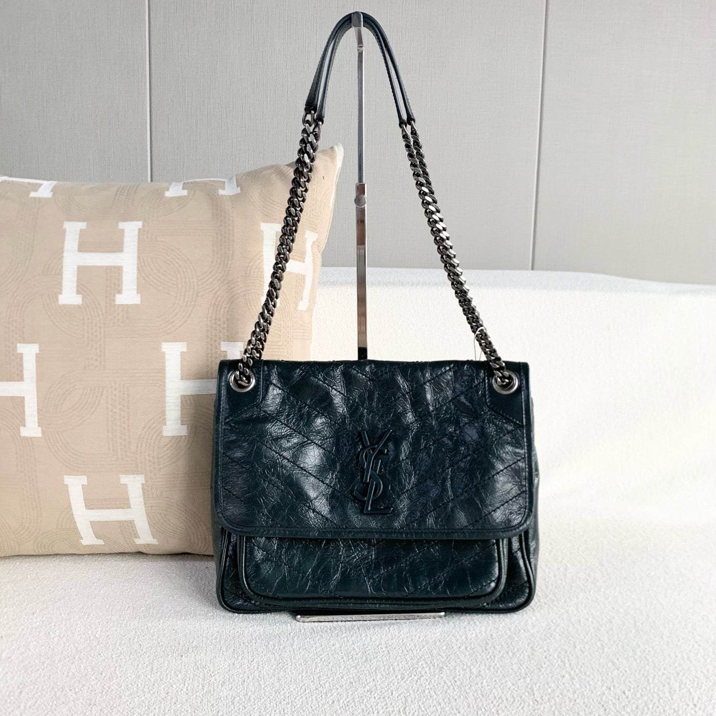 YSL Niki Medium Dark Green Crinkled Oil‑wax Leather