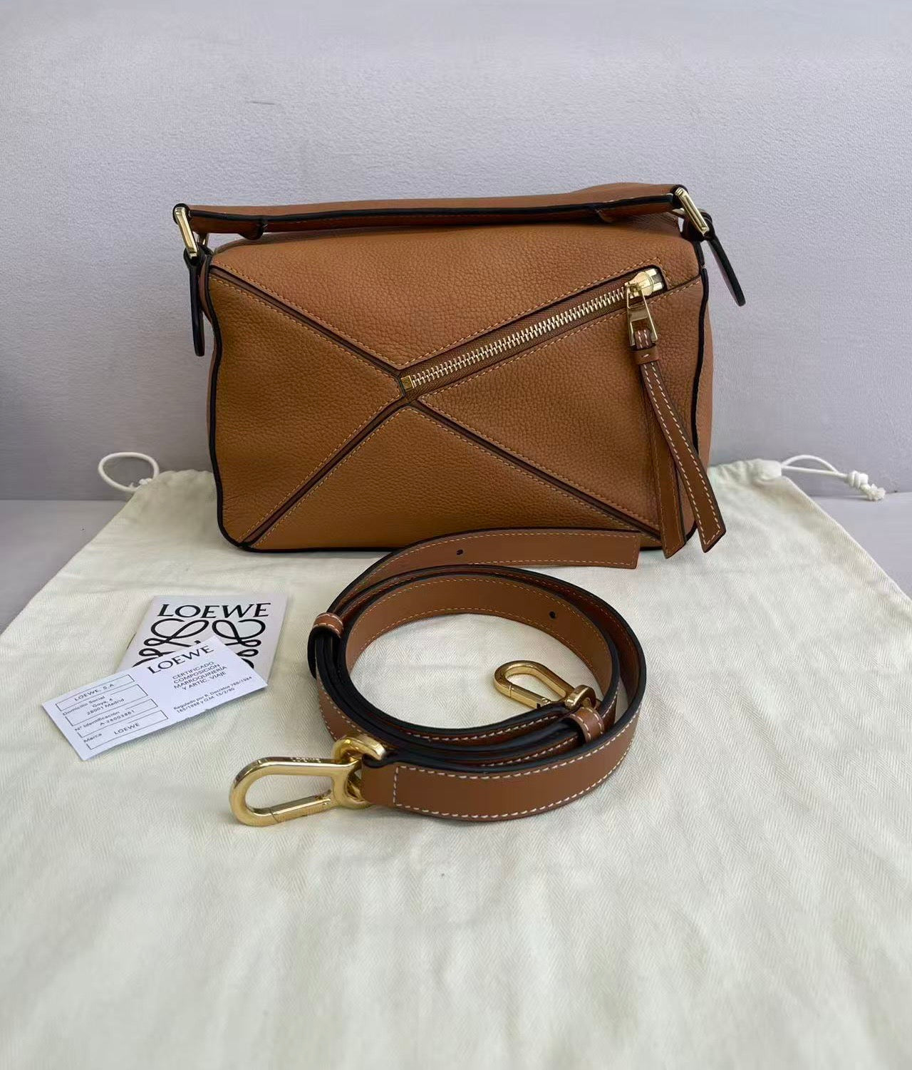 Loewe Puzzle Small Tan Grained Leather Gold Hardware