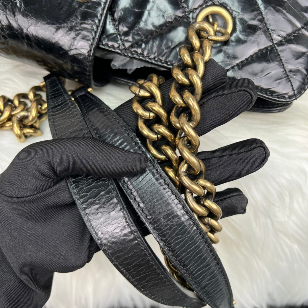 Chanel Quilted Black Glazed Calfskin Chain Tote