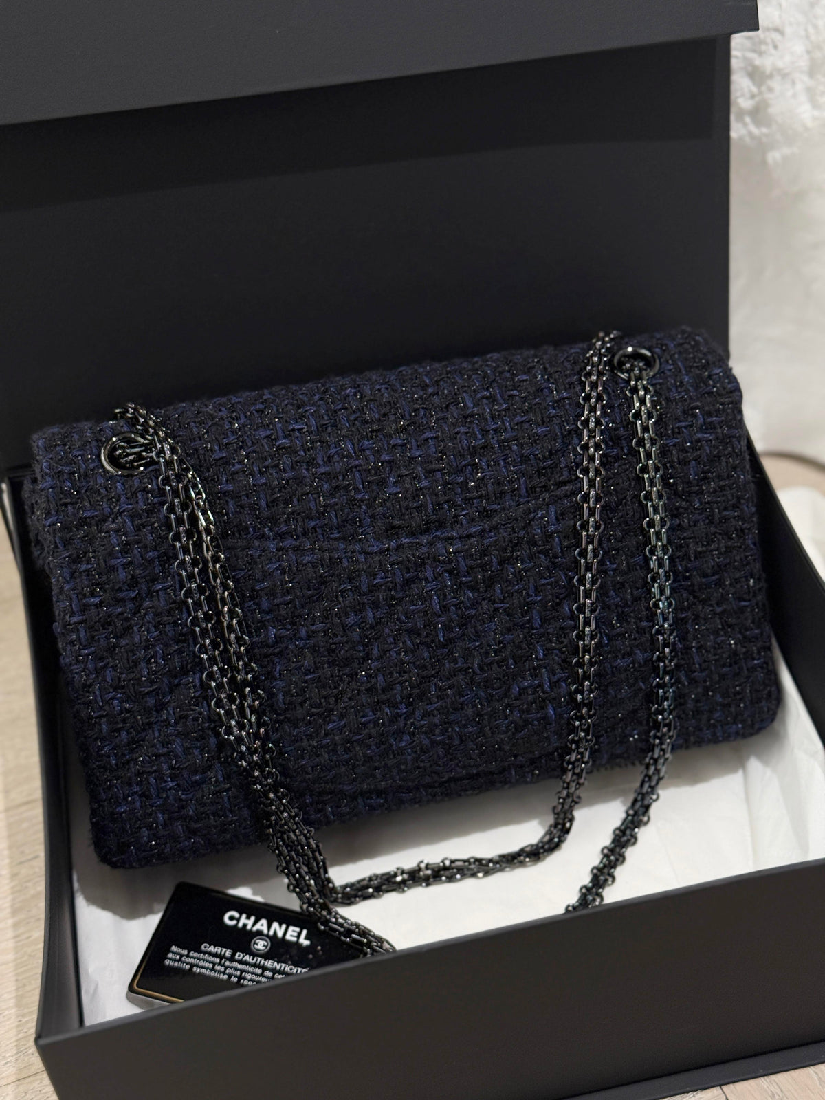 Chanel 2.55 Medium, Navy‑Black Tweed