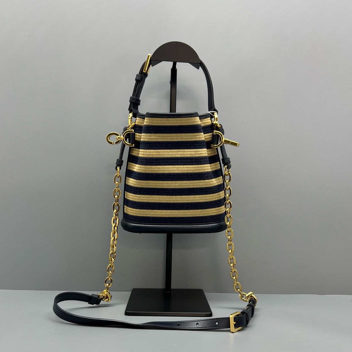 Dior Navy & Beige Striped Canvas Bucket Gold Hardware