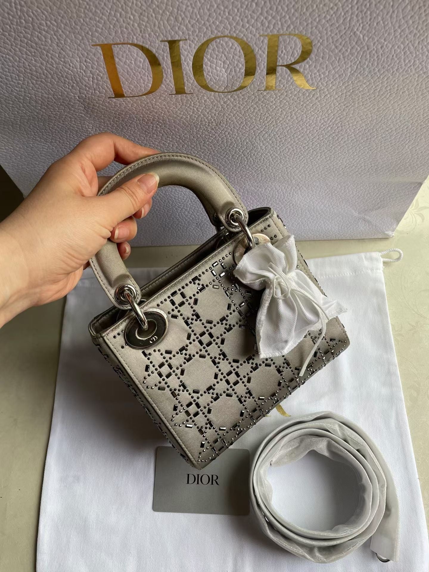 Dior Mini Lady Dior Silver Satin Strass Crystal