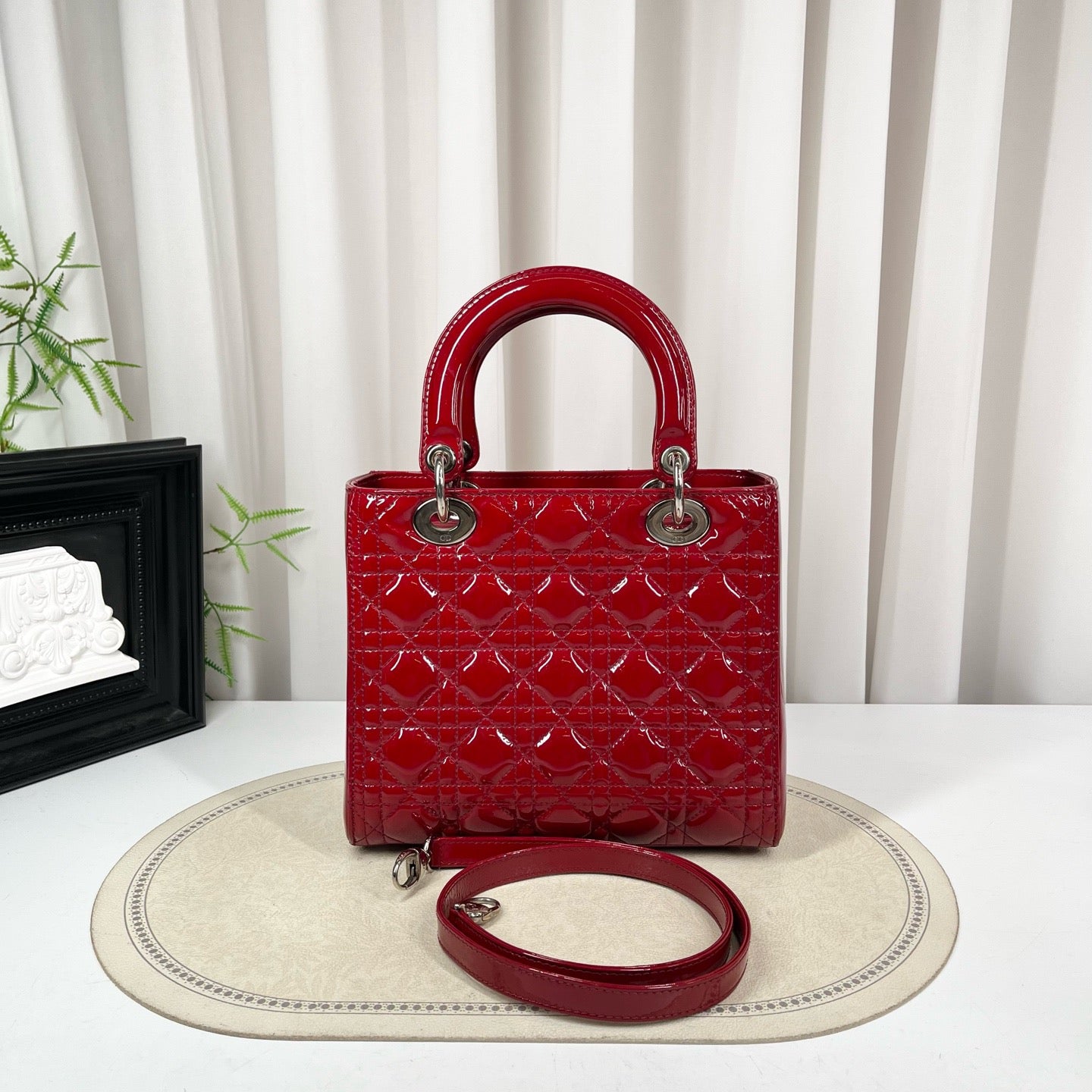 Dior Lady Dior Medium Red Patent Leather Bag