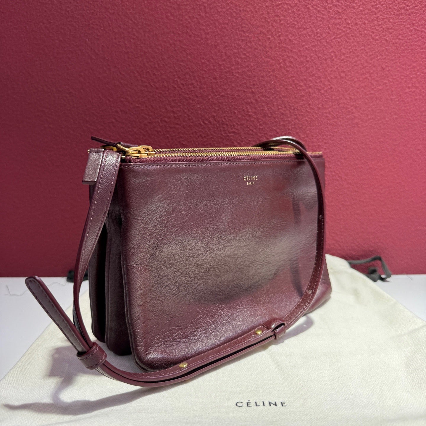 Old Celine Trio Burgundy Lambskin Crossbody Bag