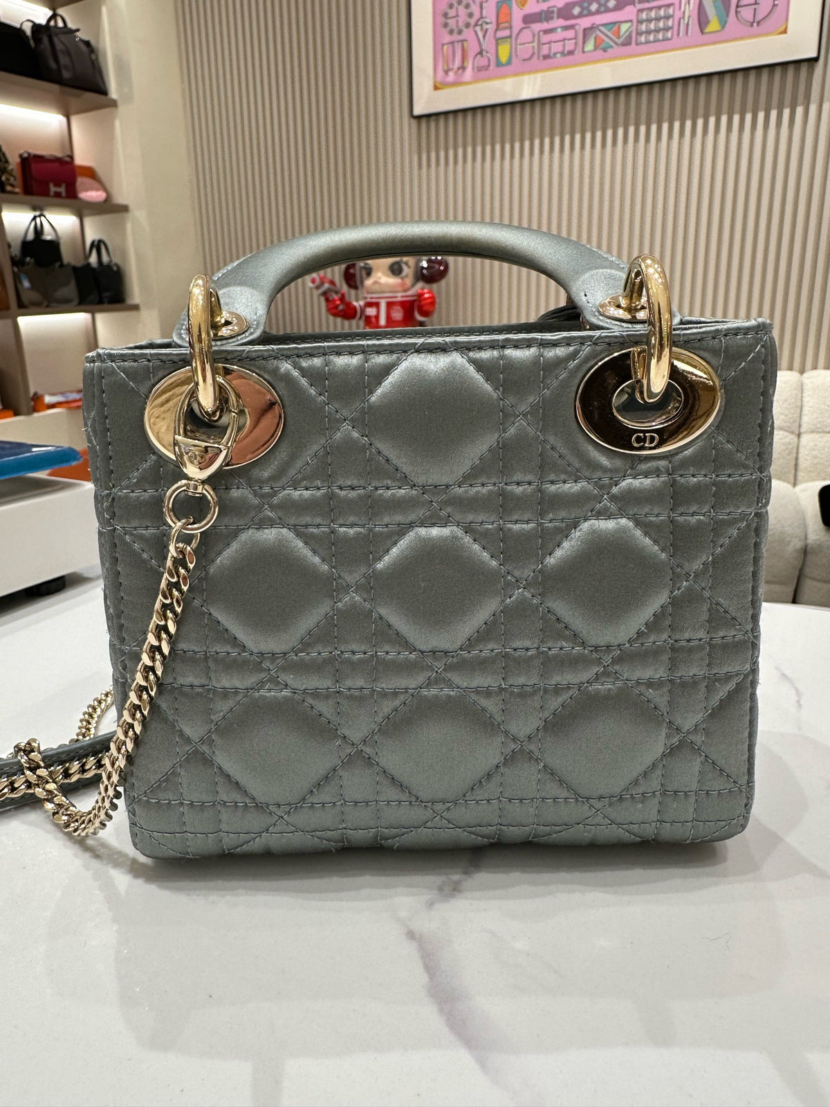 Dior Mini Lady Dior Sage Green Satin Cannage Crystal Charm
