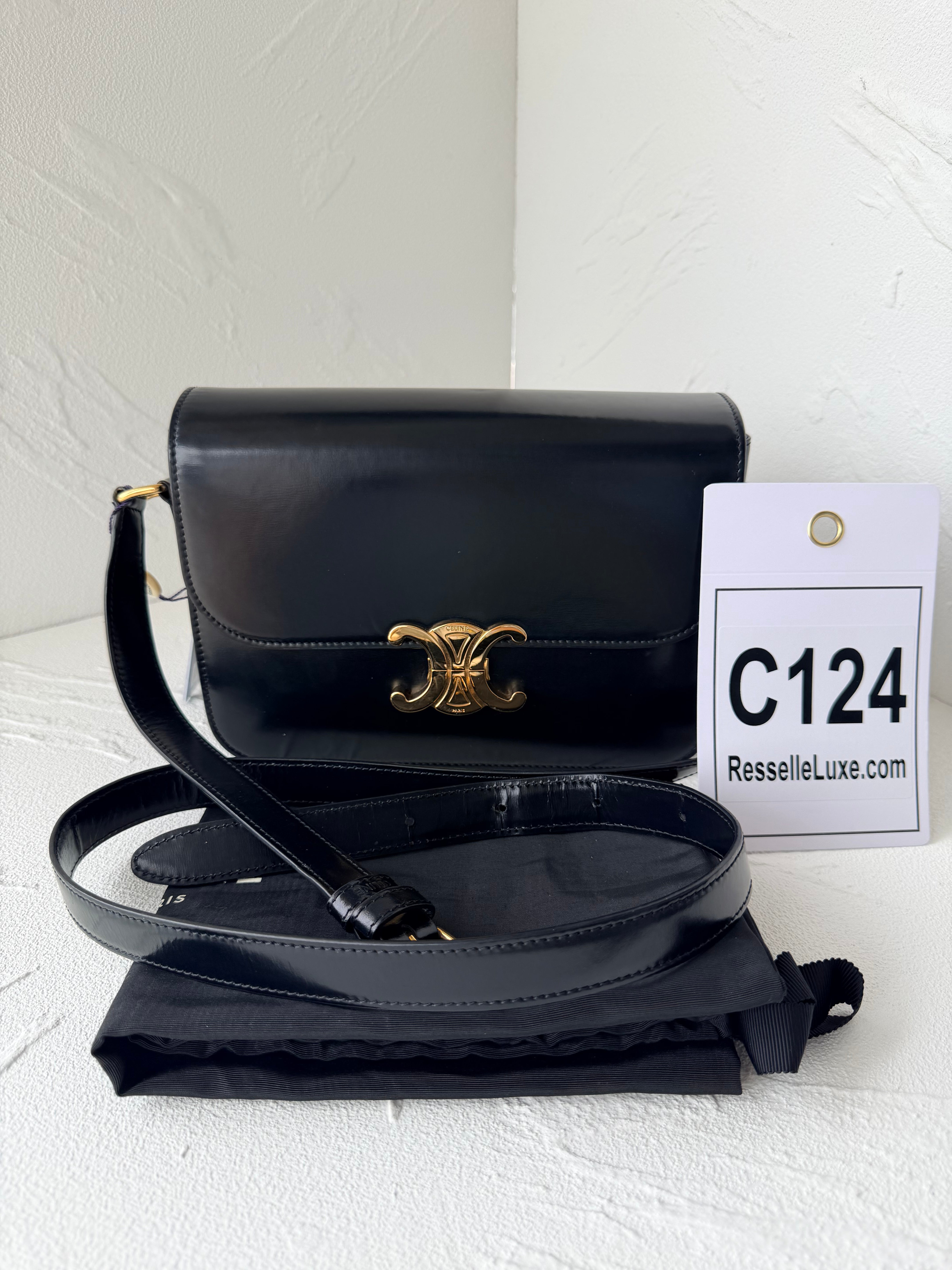 Celine Triomphe Medium, Black Shiny Calfskin