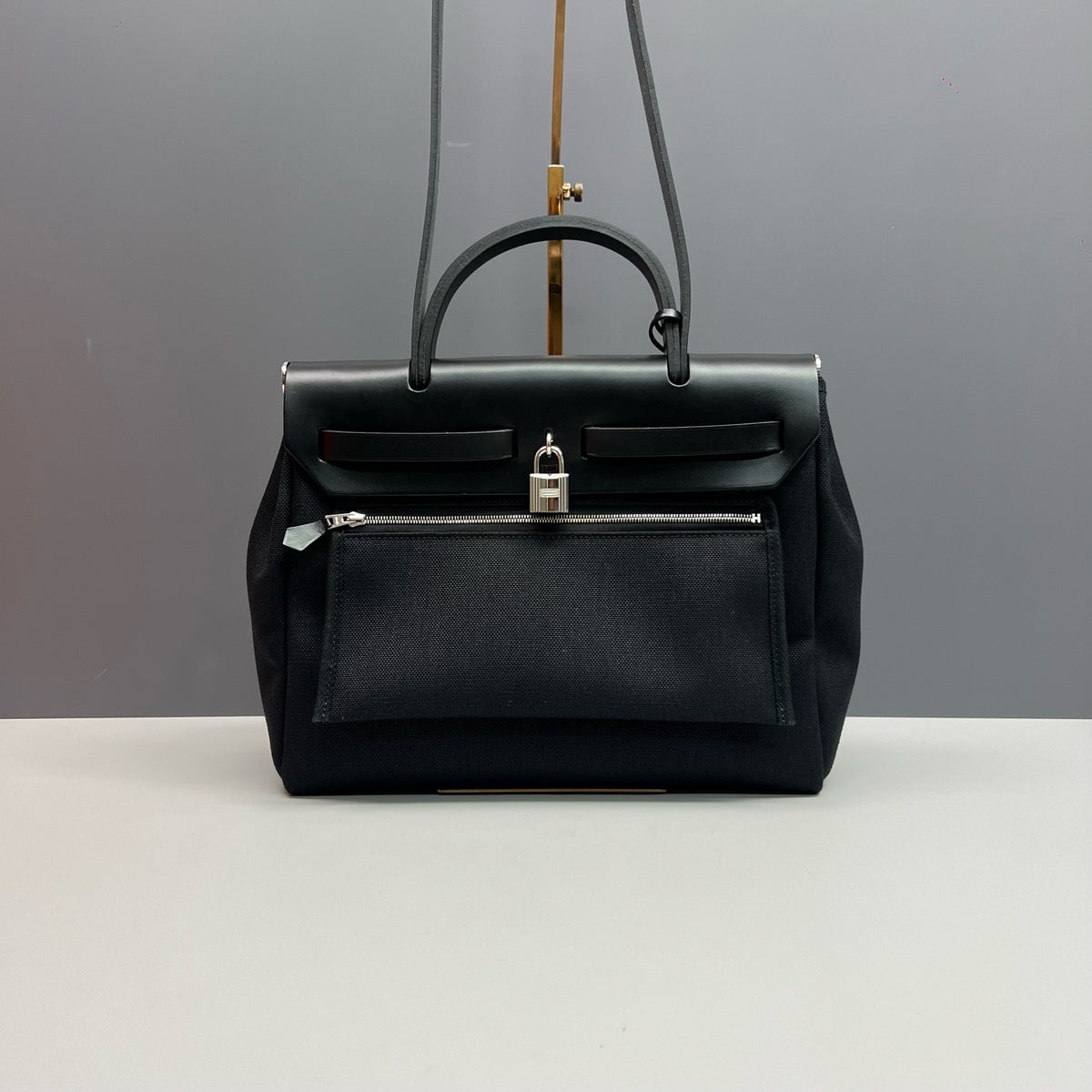 Hermès Herbag 31 Black Canvas & Leather Palladium‑toned