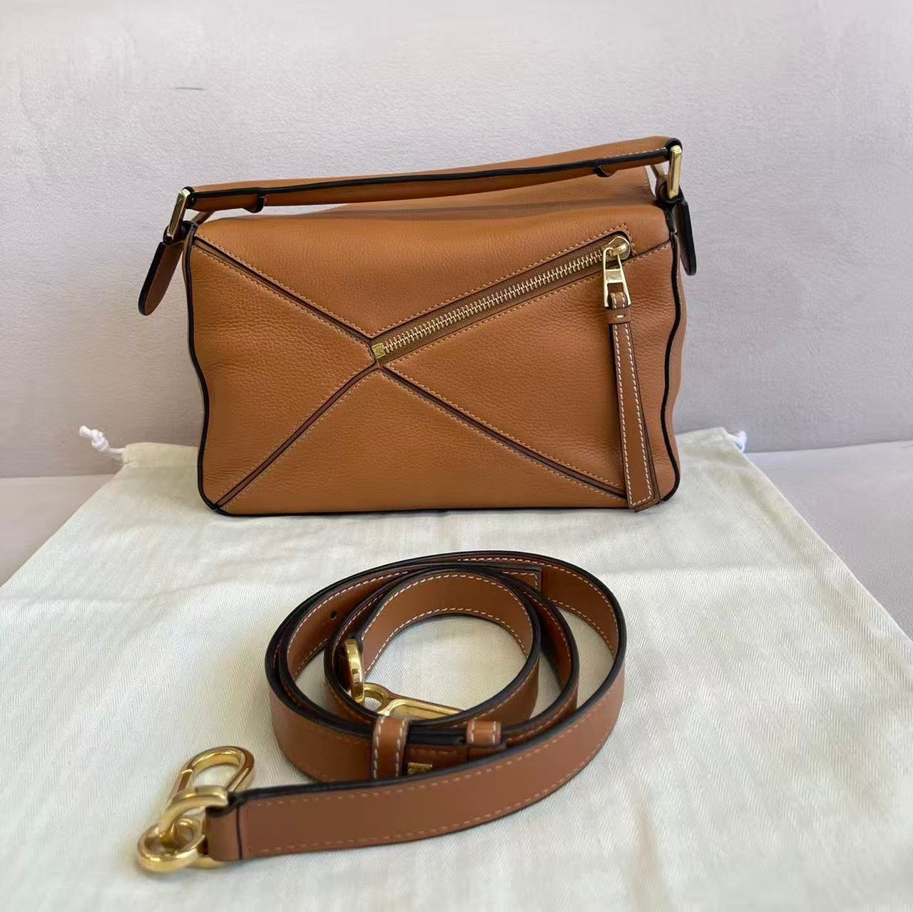 Loewe Puzzle Small Tan Grained Gold Hardware
