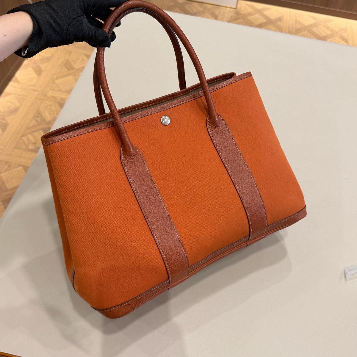 Hermès Garden Party 36, Orange Canvas with Cowhide