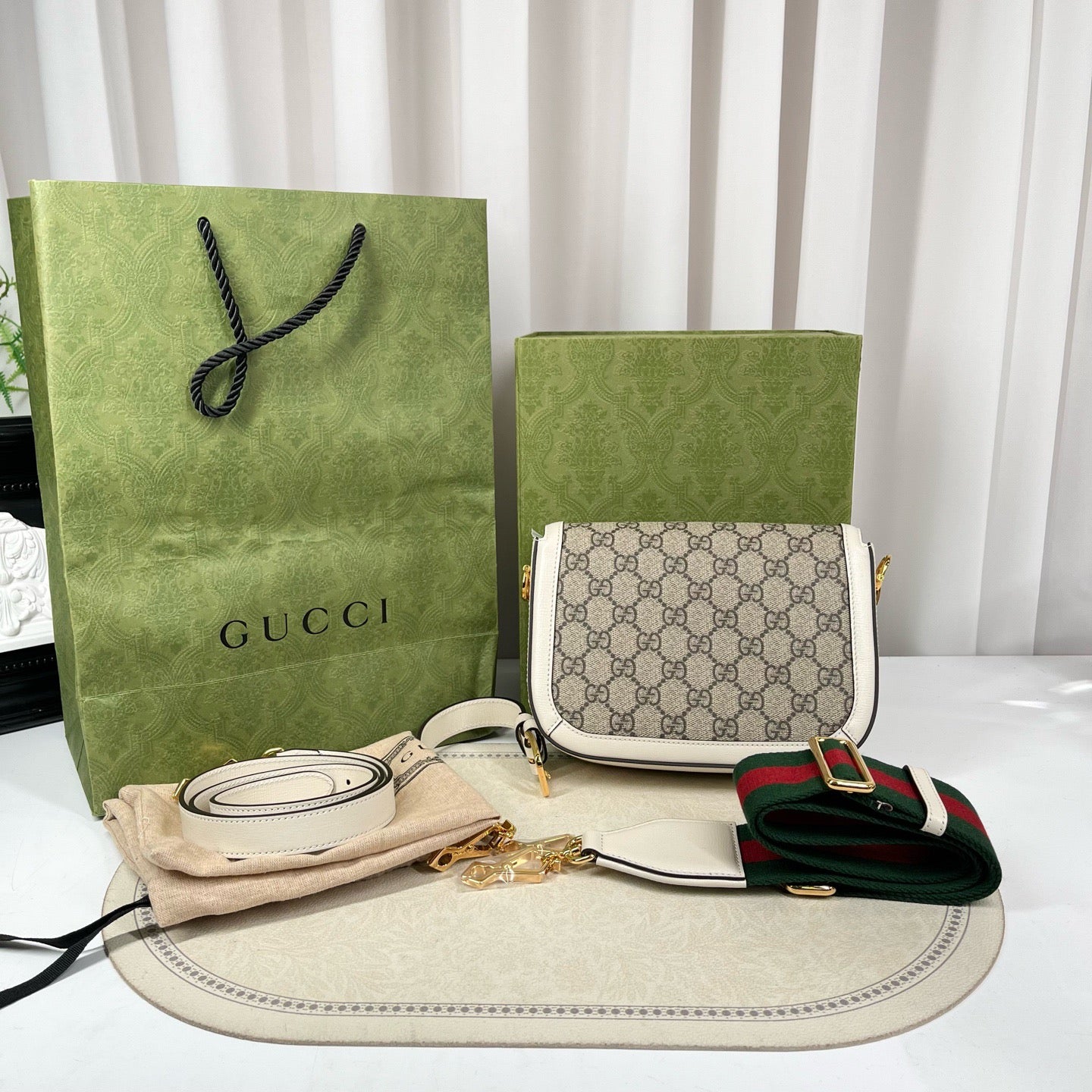 GUCCI 1955 Small GG Canvas Saddle Bag Beige & White