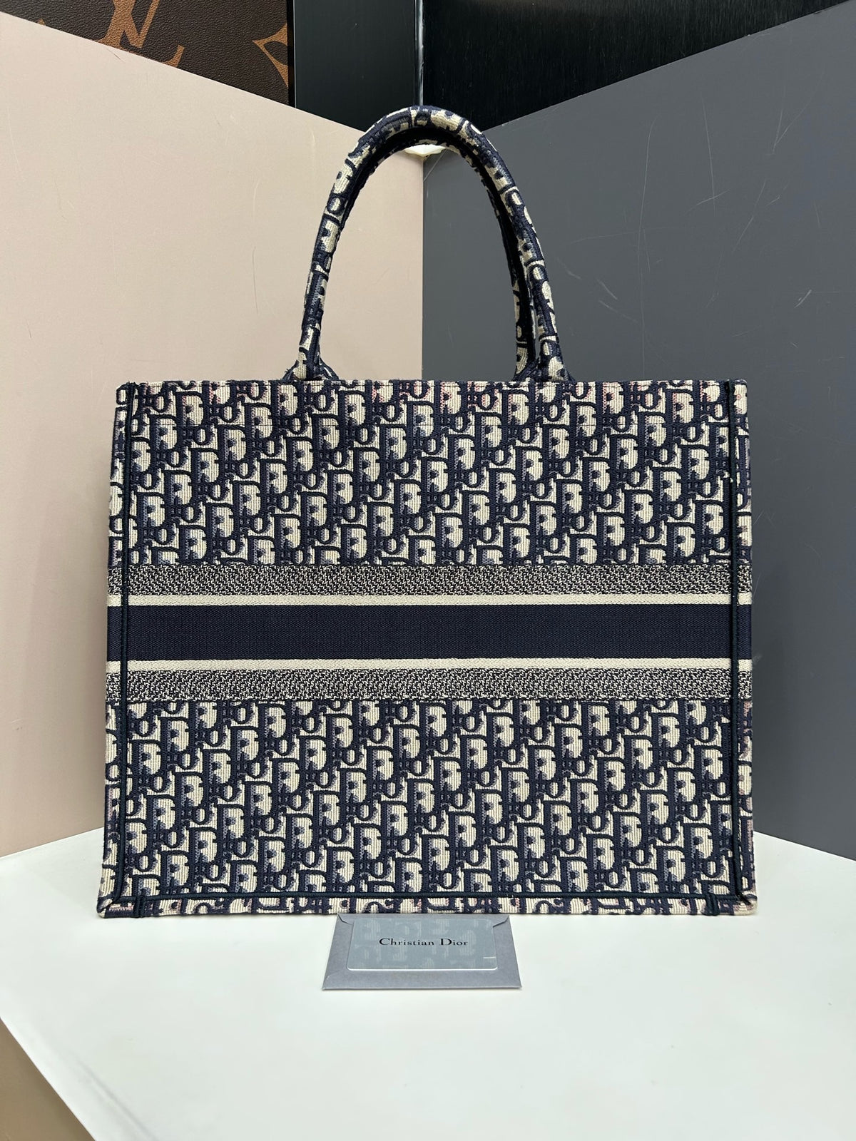 Dior Book Tote Large Navy Blue Oblique Embroidery