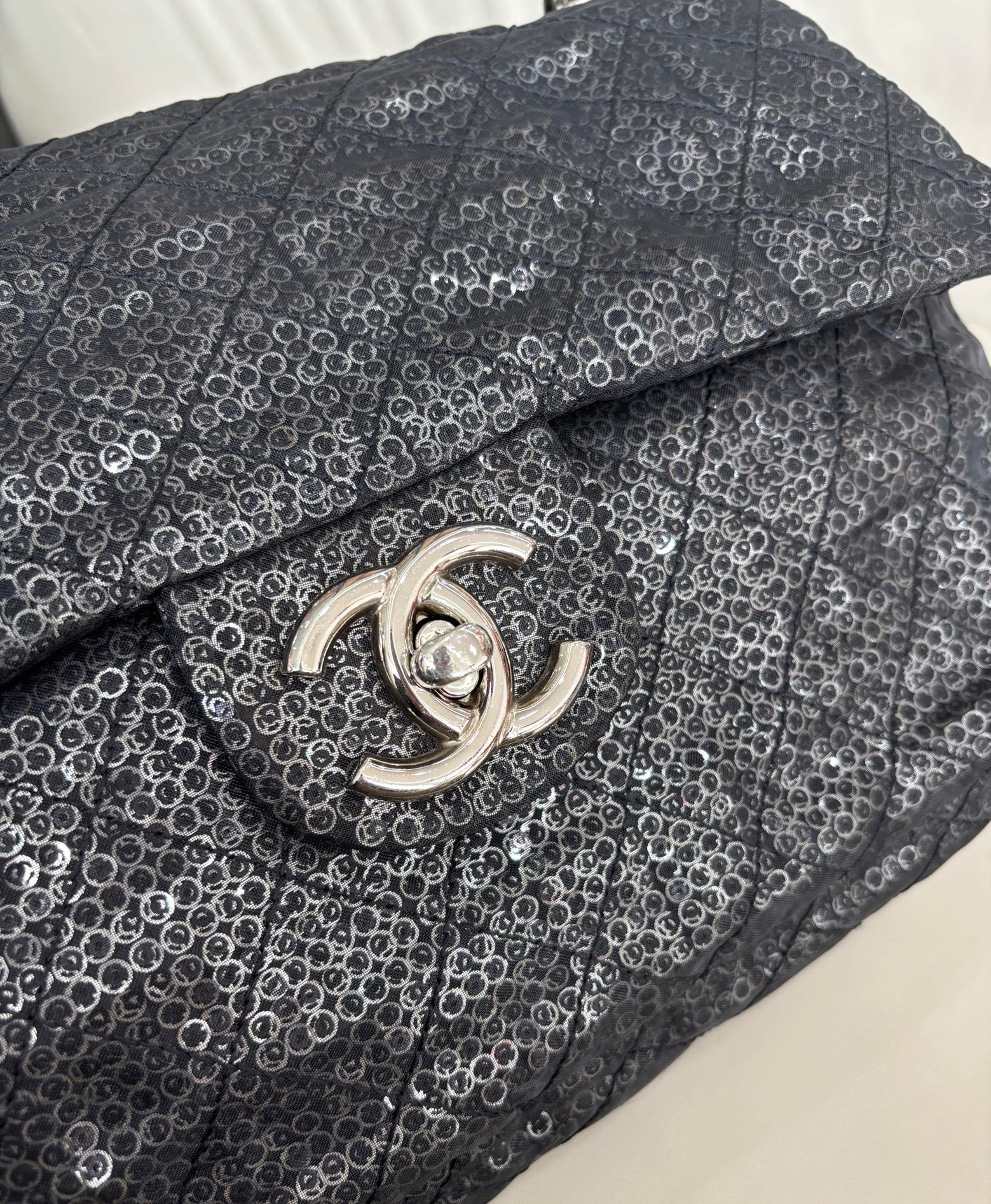 Chanel Jumbo Black Sequin Silver HW 2009