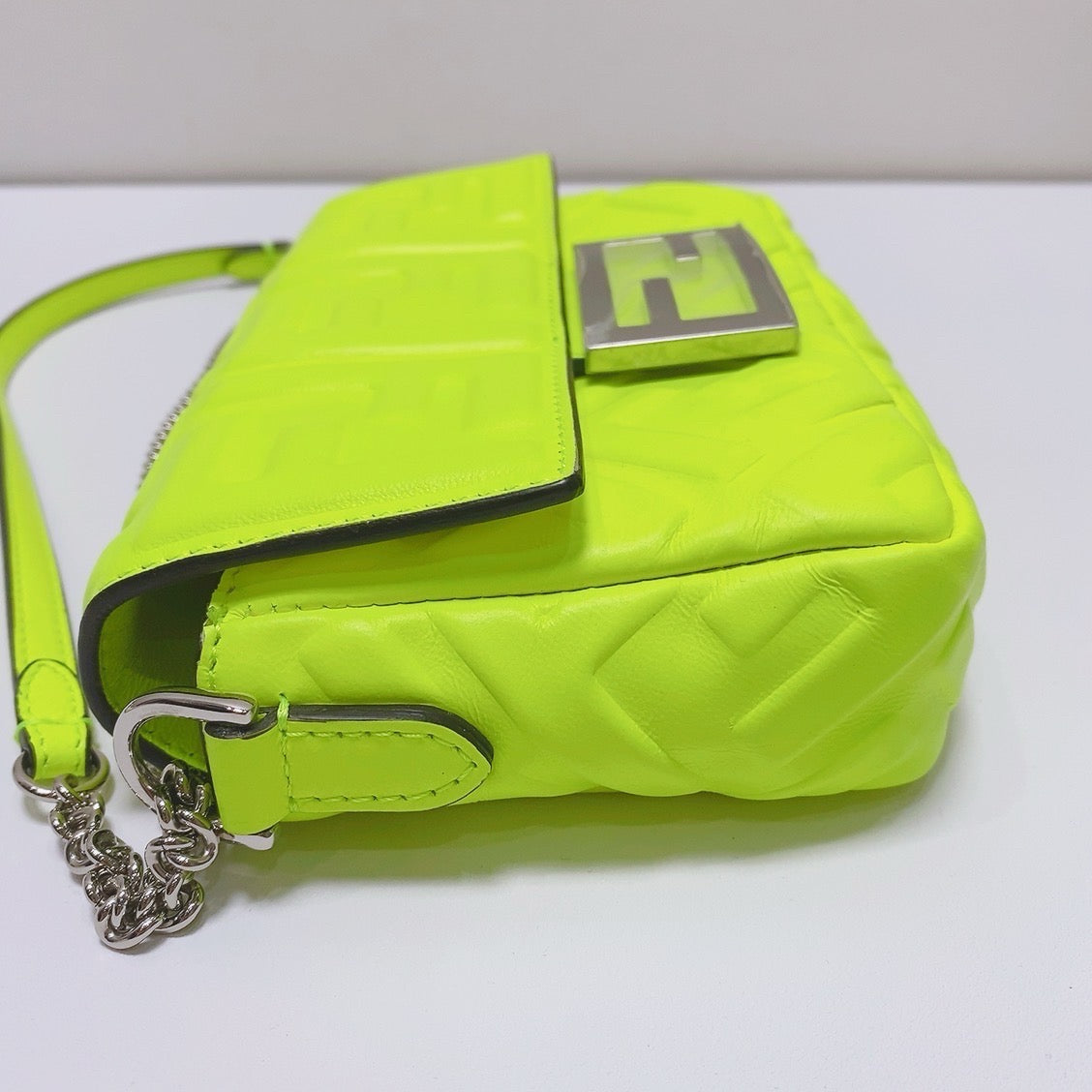 Fendi Baguette Mini, Fluorescent Yellow Embossed FF Lambskin