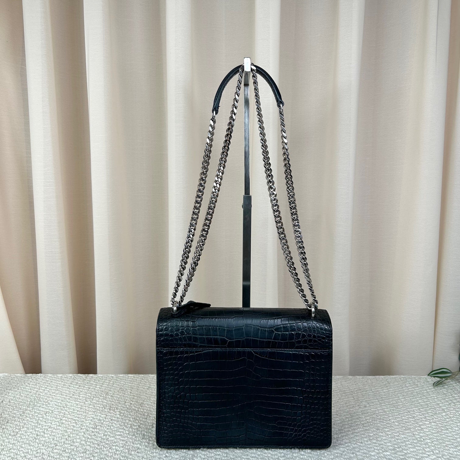 YSL Saint Laurent Sunset Bag Black Silver Crocodile Embossed