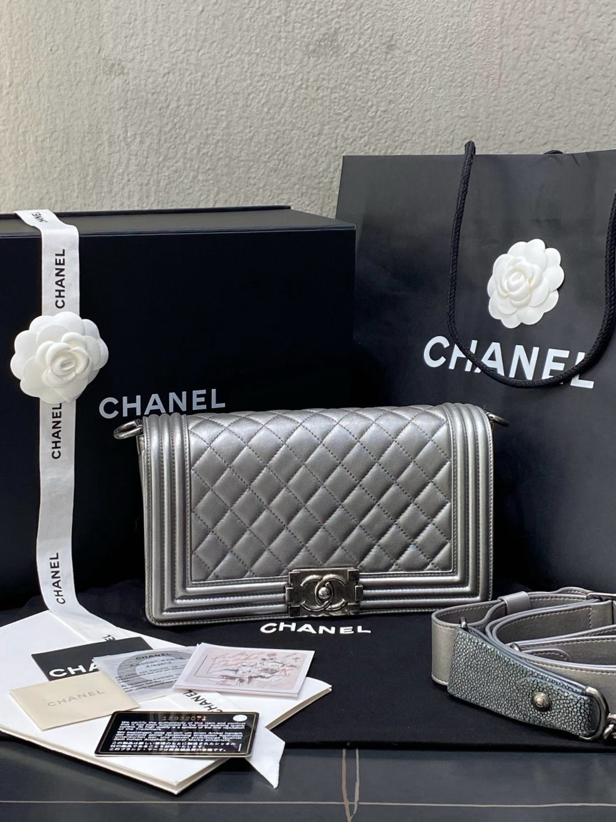 Chanel Boy Medium, Silver‑Grey Limited Edition