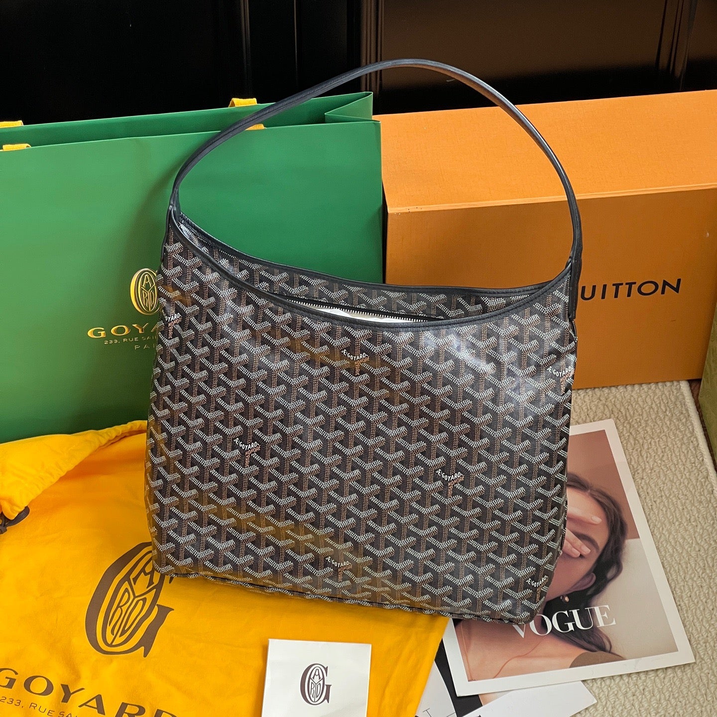 Goyard Boheme Hobo Black Chevron Canvas Shoulder Bag