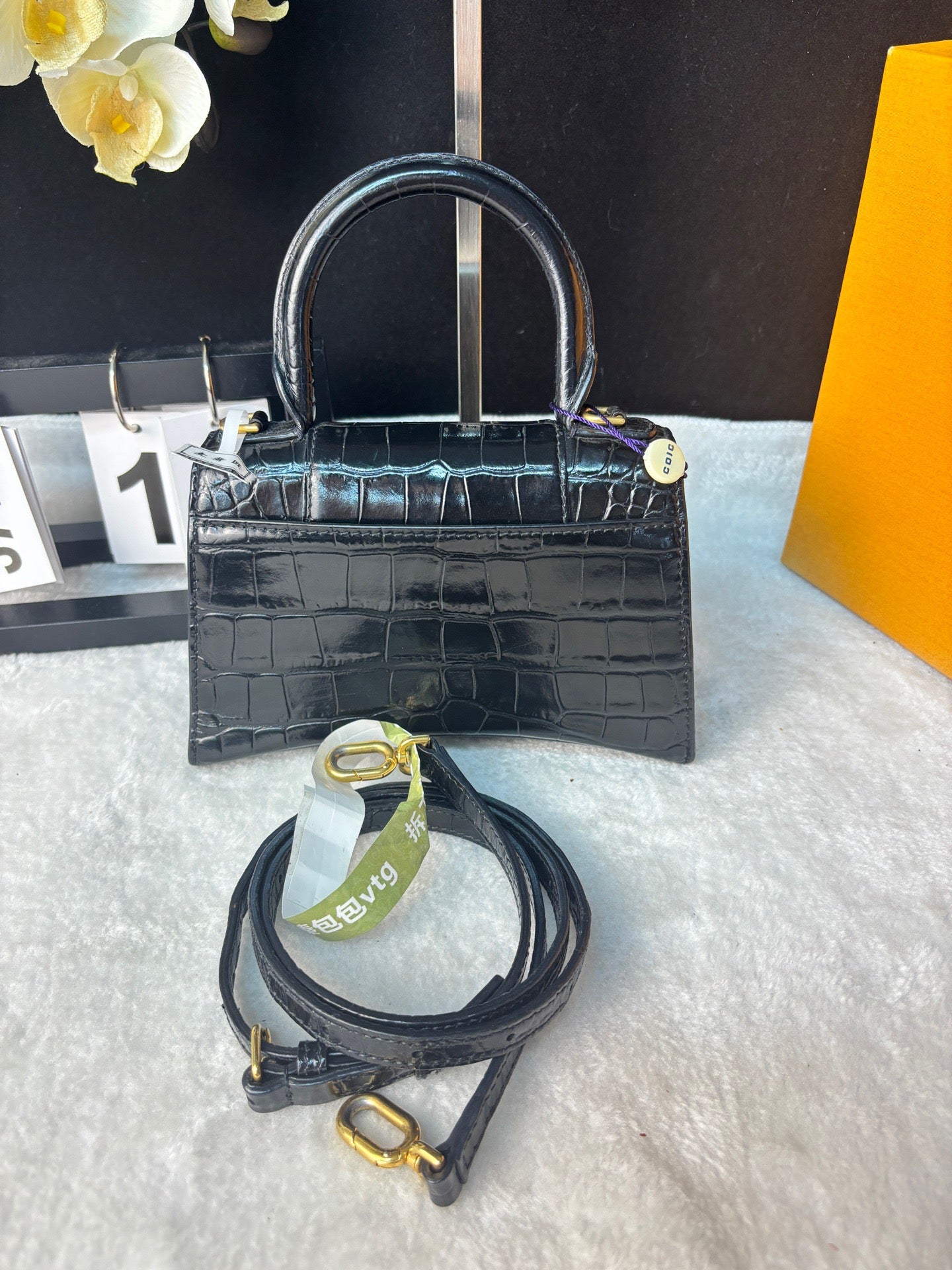 Balenciaga Hourglass Small Black Crocodile-Embossed Calfskin