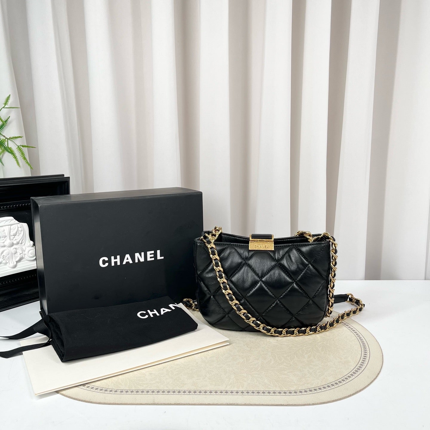 CHANEL 22B Hobo Bag Small Black Quilted Lambskin
