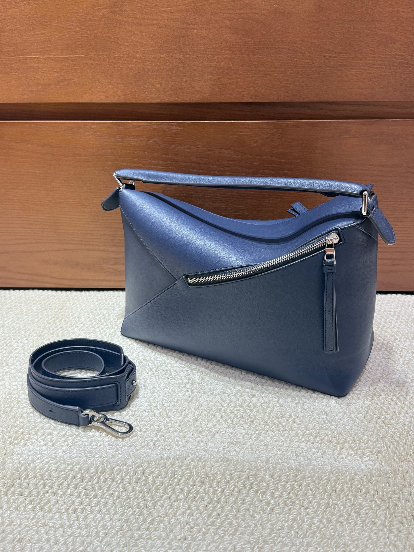 LOEWE Puzzle Large Bag in Deep Blue Smooth Calf Leather